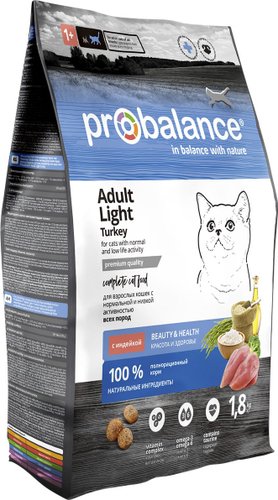 Сухой корм для кошек Probalance Light Turkey Корм сухой д/ кошек с индейкой 1.8 кг