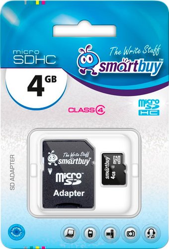 Карта памяти SmartBuy microSDHC (Class 4) 4 Гб + SD адаптер (SB4GBSDCL4-01)