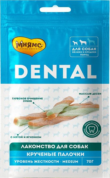 

Лакомство для собак Мнямс Dental Крученые палочки с ягненком и мятой 70 г