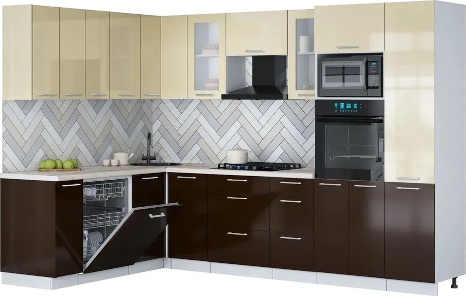 

Готовая кухня Интерлиния Мила Gloss 1.896х2.98 (шоколад глянец/ваниль глянец/травертин серый)