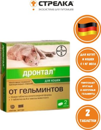 Таблетки от блох и клещей Elanco Дронтал Антигельминтик для кошек (2 таблетки)