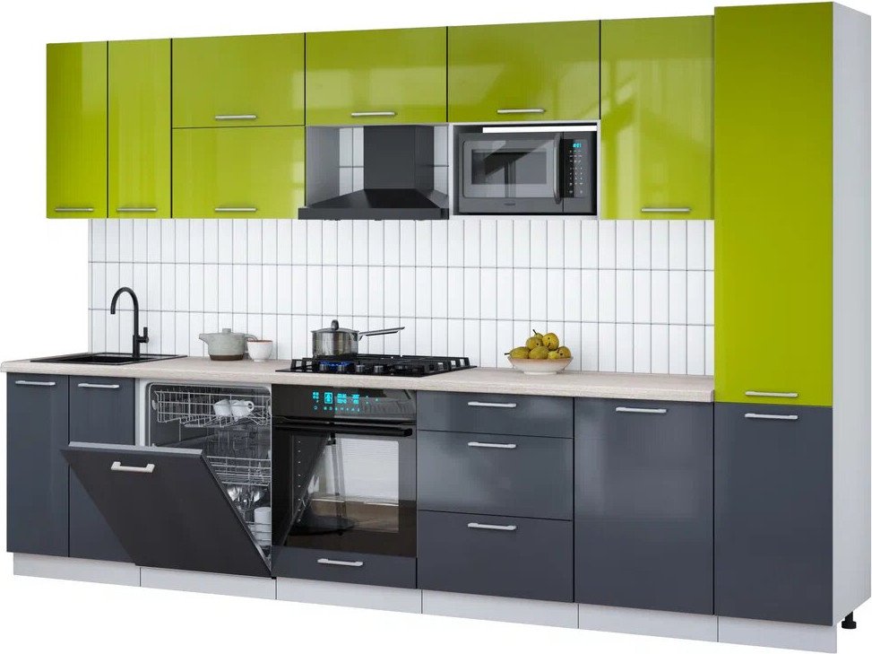 

Готовая кухня Интерлиния Мила Gloss 3.3-ПМ2 (асфальт глянец/яблоко глянец/травертин серый)