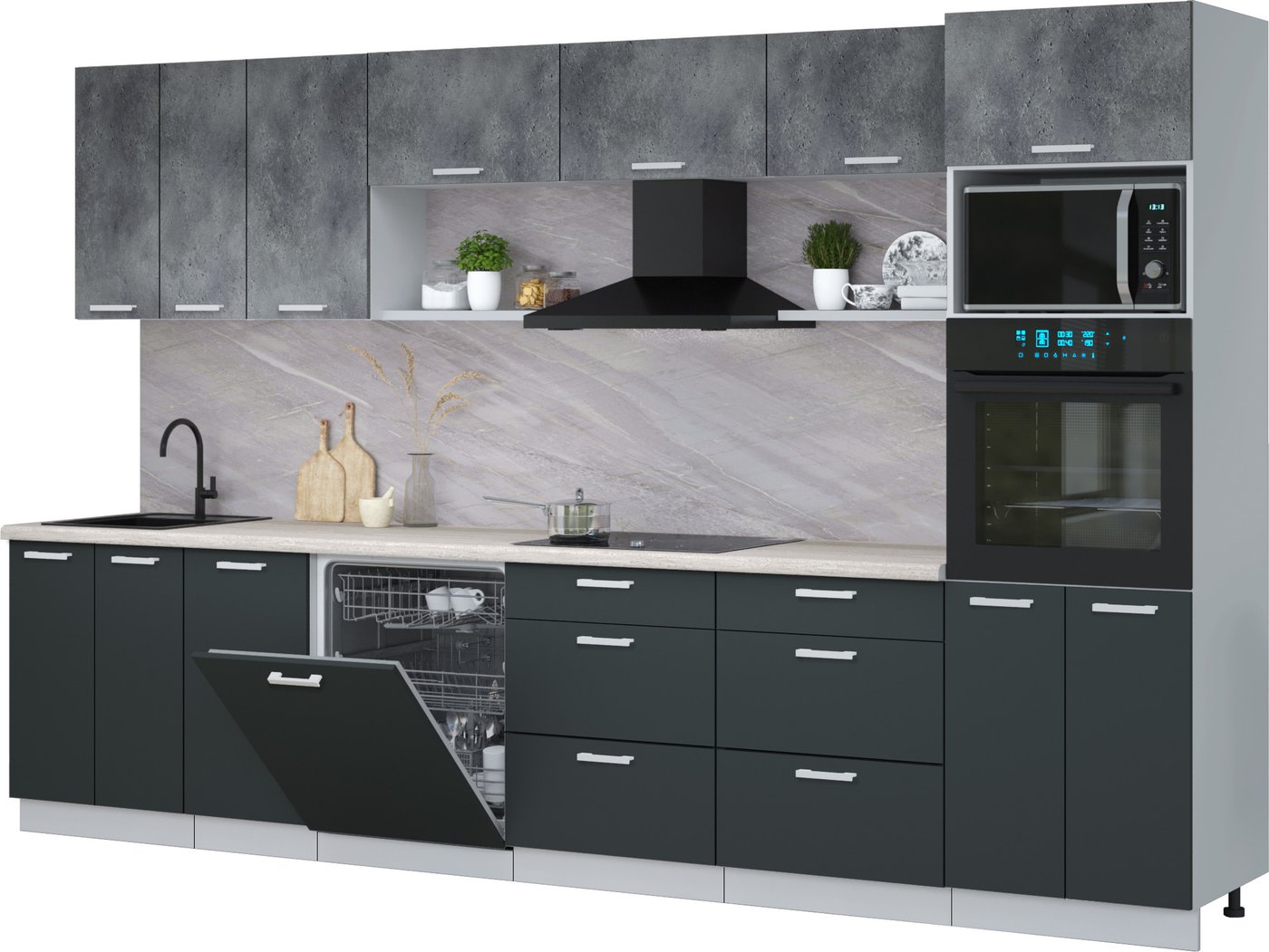 

Готовая кухня Интерлиния Мила Лайт 3.4-ПМ1-2 (бетон портленд/антрацит/травертин серый)