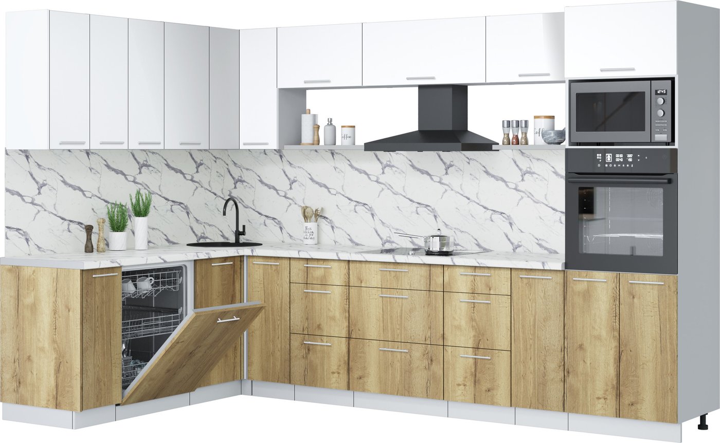 

Готовая кухня Интерлиния Мила Лайт 1.896х3.18 (белый платинум/дуб золотой/белый гранит)