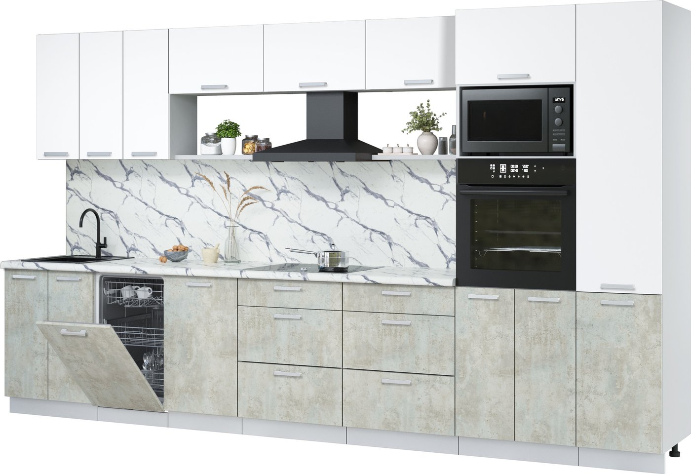 

Готовая кухня Интерлиния Мила Лайт 3.7-ПМ3 (белый платинум/бетон лайт/белый гранит)