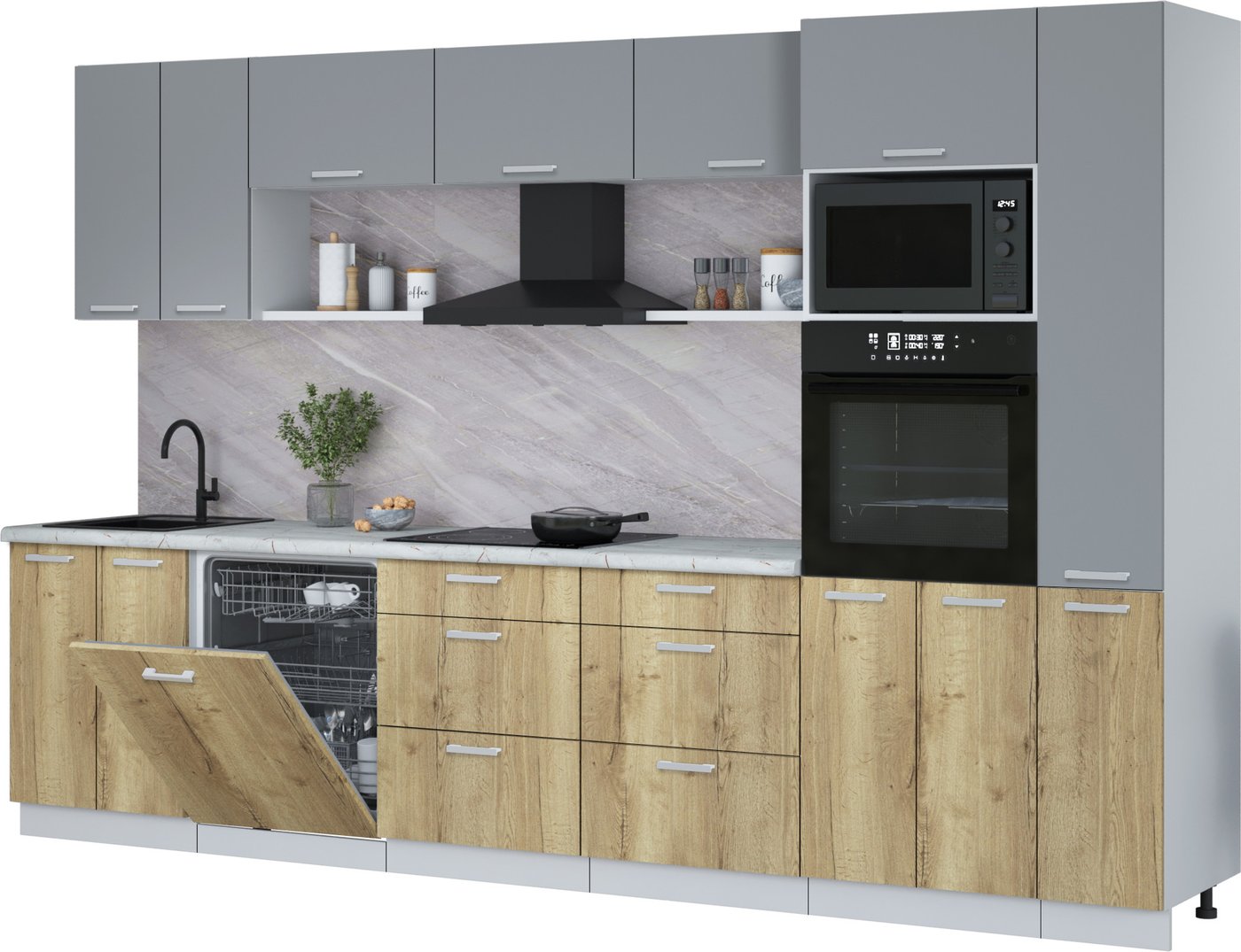 

Готовая кухня Интерлиния Мила Лайт 3.3-ПМ1 (серебро/дуб золотой/серый каспий)