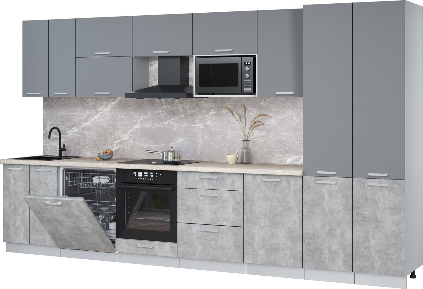 

Готовая кухня Интерлиния Мила Лайт 3.7-ПМ2 (серебро/бетон/травертин серый)