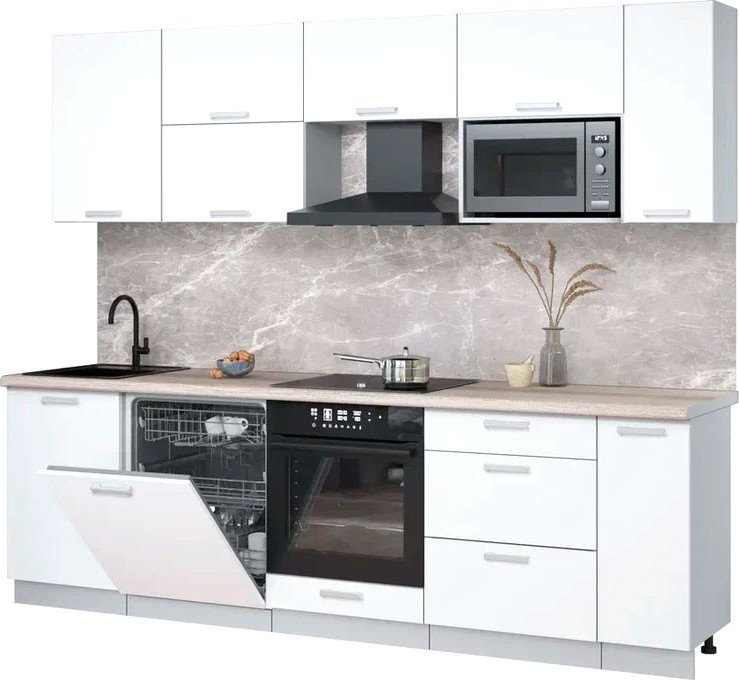 

Готовая кухня Интерлиния Мила Лайт 2.6-ПМ2 (белый платинум/белый платинум/травертин серый)