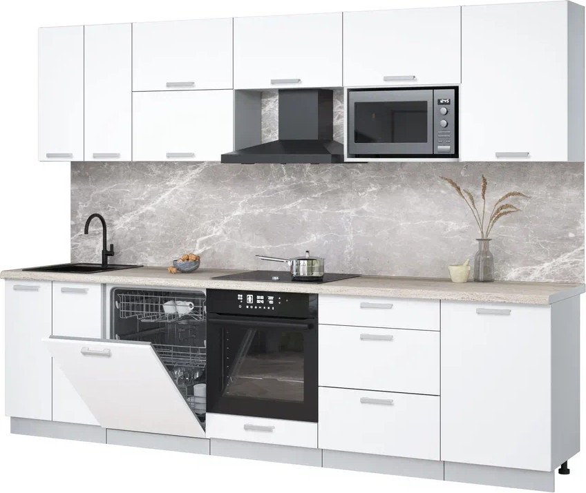 

Готовая кухня Интерлиния Мила Лайт 2.9-ПМ2 (белый платинум/белый платинум/травертин серый)