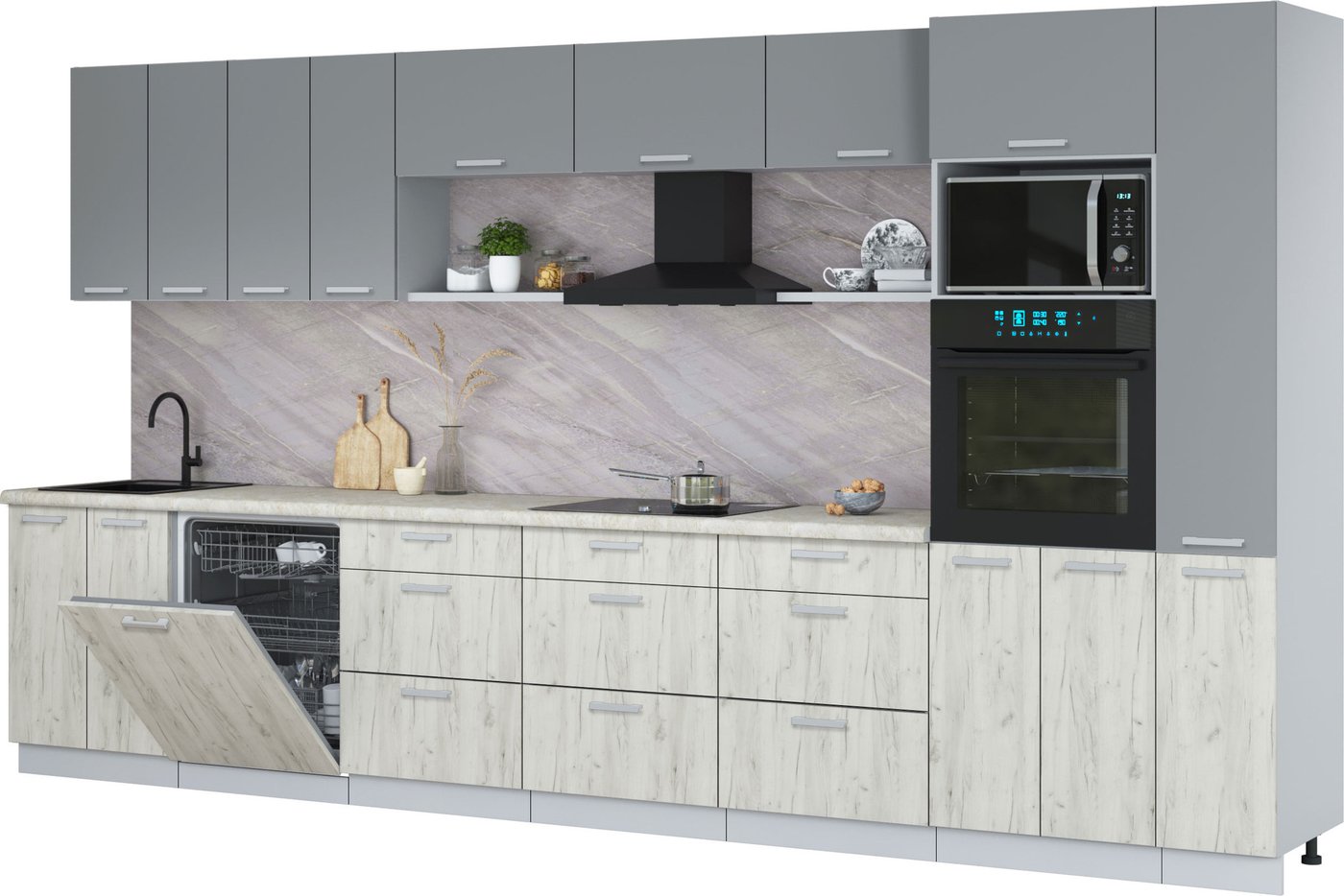 

Готовая кухня Интерлиния Мила Лайт 3.9-ПМ1 (серебро/дуб белый/опал светлый)