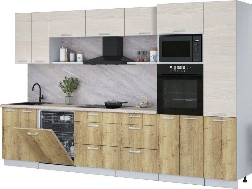 

Готовая кухня Интерлиния Мила Лайт 3.4-ПМ1 (вудлайн кремовый/дуб золотой/травертин серый)