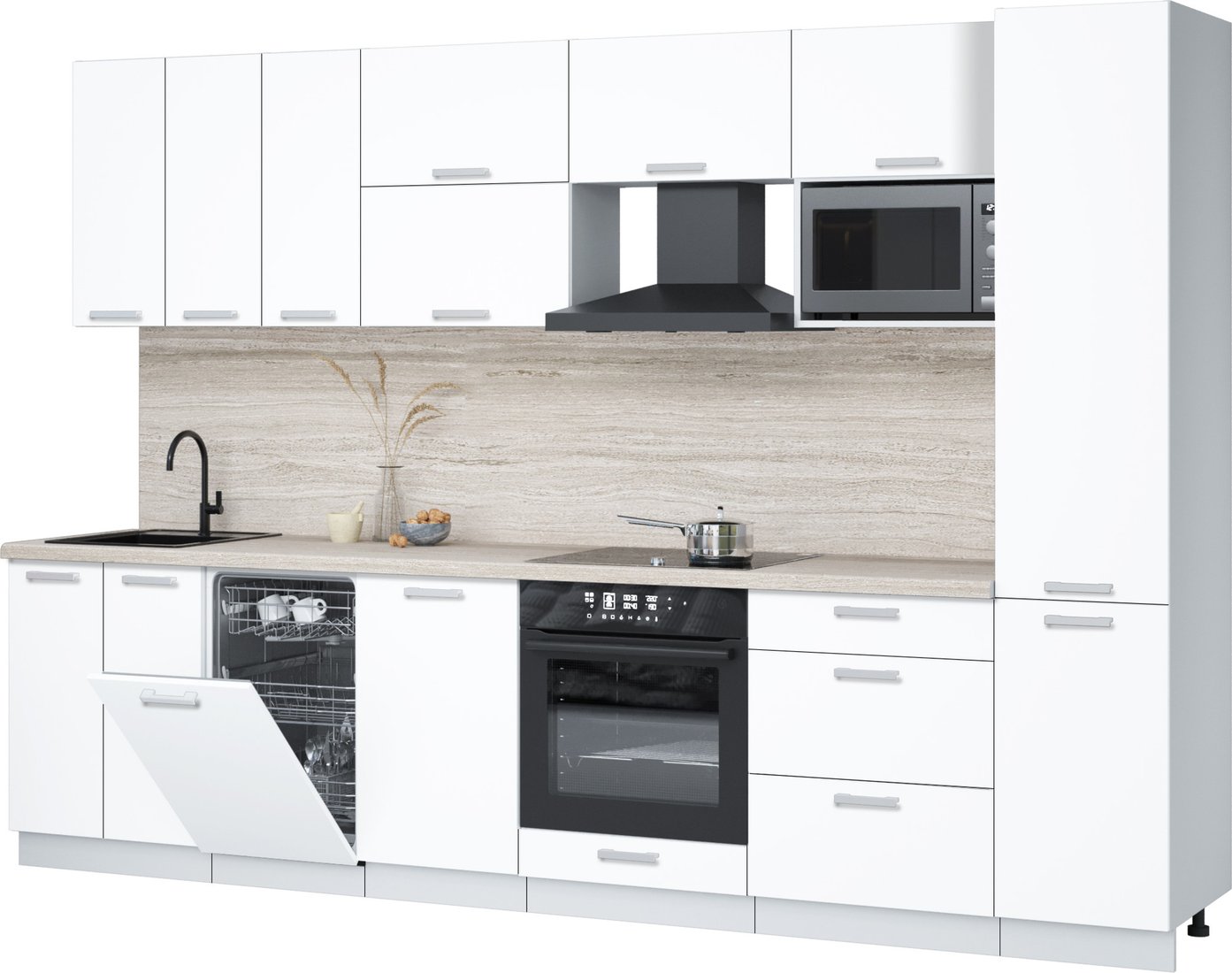 

Готовая кухня Интерлиния Мила Лайт 3.1-ПМ4 (белый платинум/белый платинум/травертин серый)