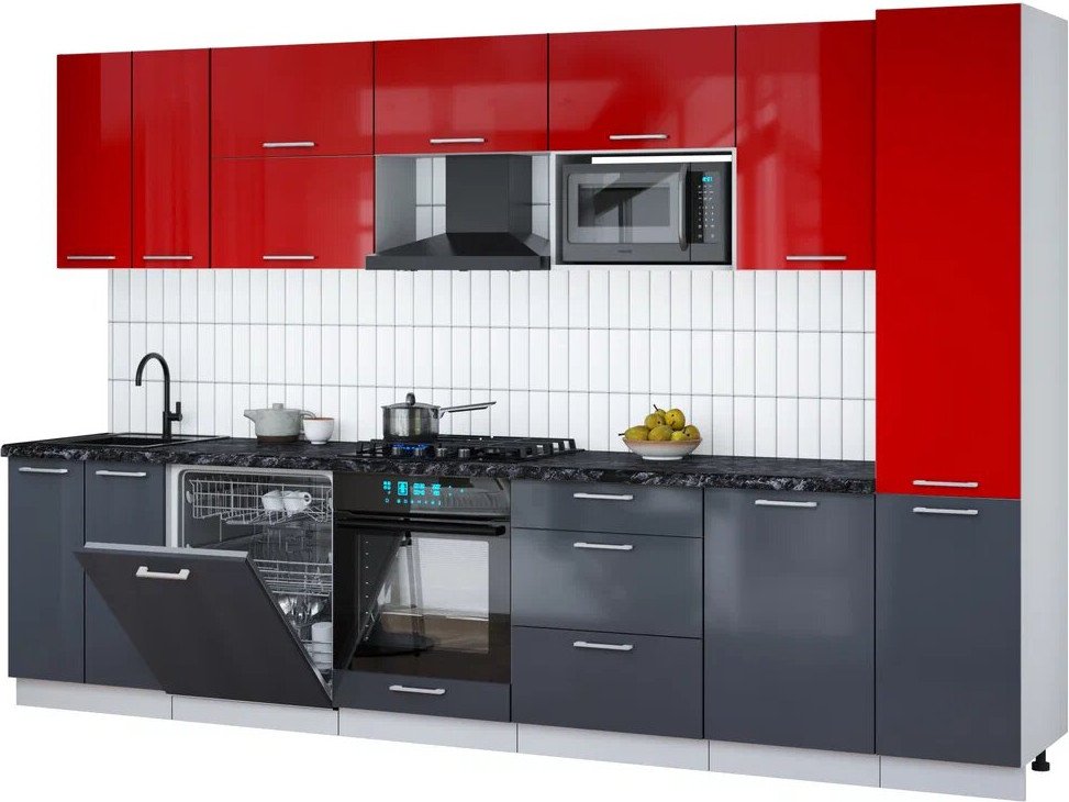 

Готовая кухня Интерлиния Мила Gloss 3.3-ПМ2 (асфальт глянец/красный глянец/кастилло темный)