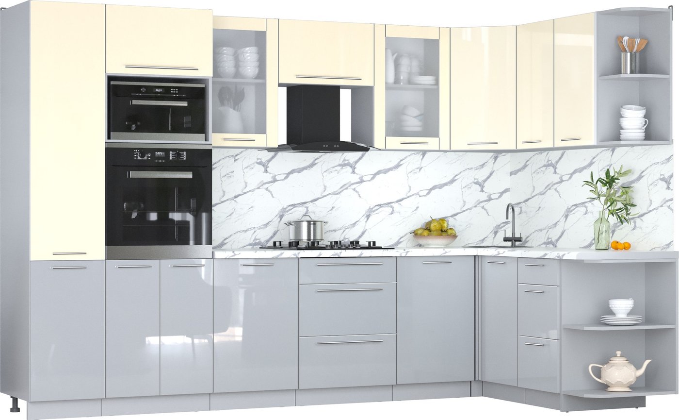 

Готовая кухня Интерлиния Мила Пластик 1.68x3.2 PR (ваниль/туманный глянец/белый гранит)