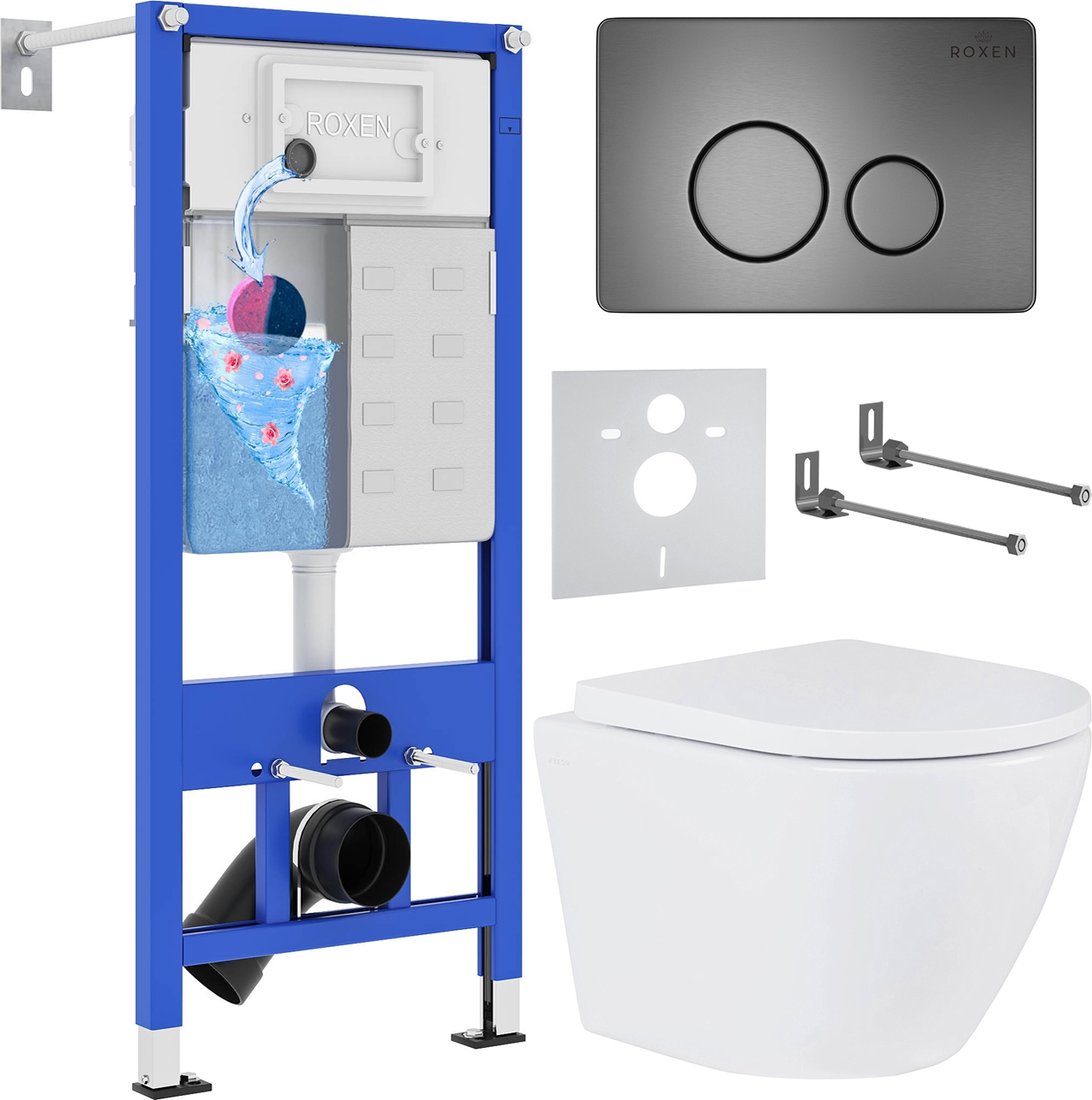 

Унитаз подвесной Roxen Antares One Rimless 6 в 1 StounFix Dual Fresh 625385 (оружейная сталь/металл)