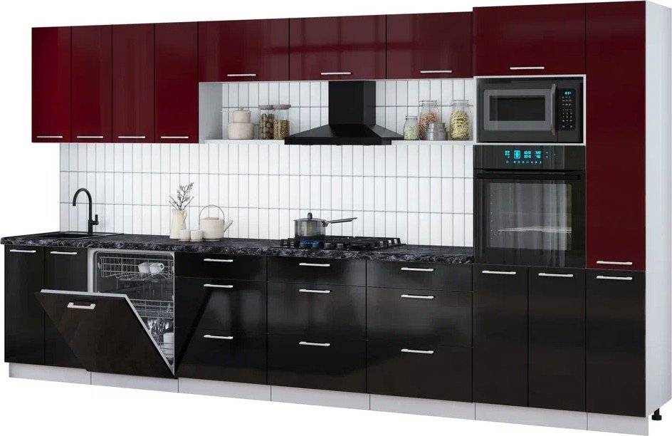 

Готовая кухня Интерлиния Мила Gloss 3.9-ПМ1 (черный глянец/бордовый глянец/кастилло темный)