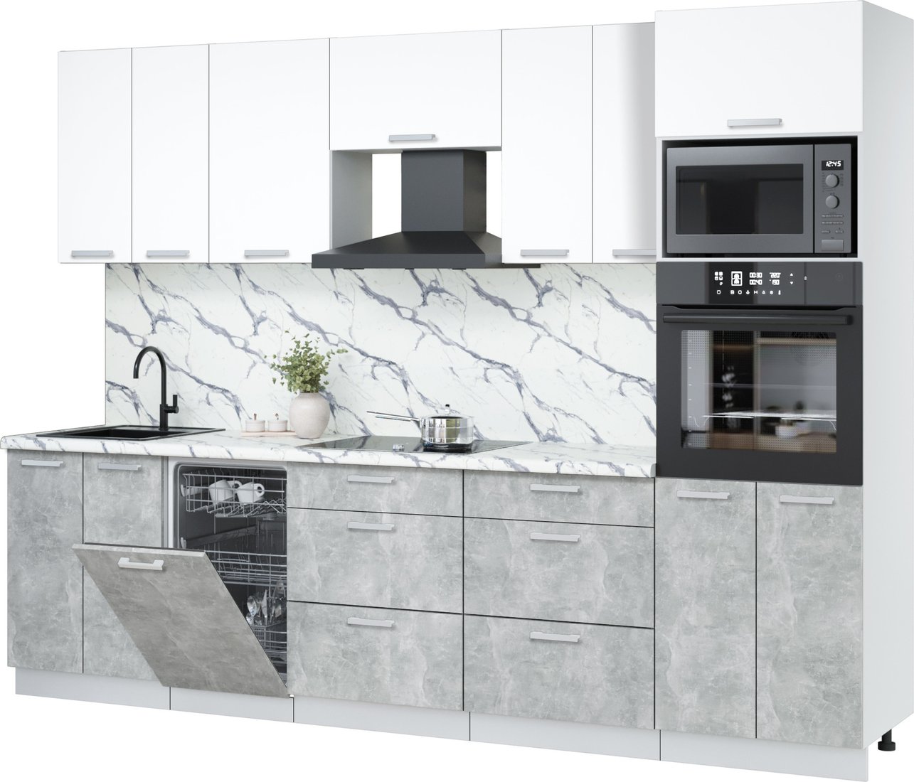 

Готовая кухня Интерлиния Мила Лайт 2.85-ПМ3 (белый платинум/бетон лайт/белый гранит)