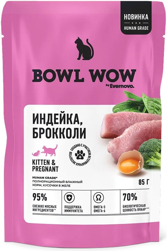 

Пресервы Bowl Wow Пауч желе с индейкой и брокколи для котят (12x85 г)