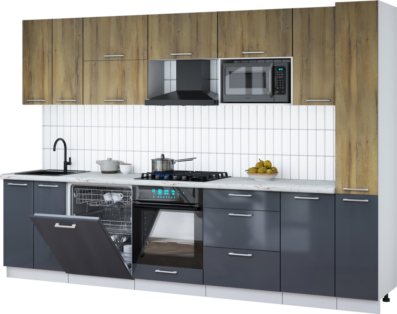 

Готовая кухня Интерлиния Мила Gloss 3.1-ПМ2 (асфальт глянец/дуб вотан/серый каспий)