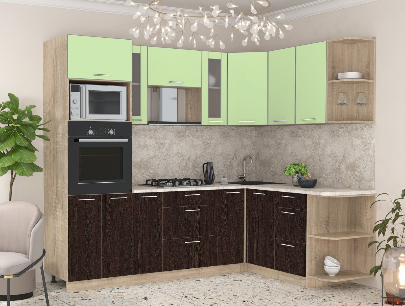 

Готовая кухня Интерлиния Мила 1.68x2.4 правая (салатовый/дуб венге/малага)