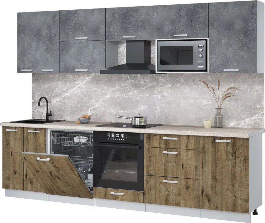 

Готовая кухня Интерлиния Мила Лайт 2.9-ПМ2 (бетон портленд/дуб веллингтон/травертин серый)