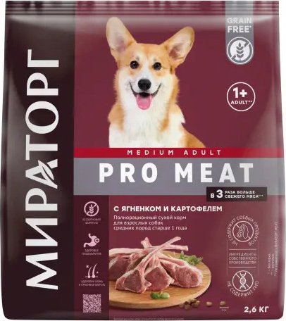 

Сухой корм для собак Мираторг Pro Meat с ягненком и картофелем для взрослых средних пород 2.6 кг