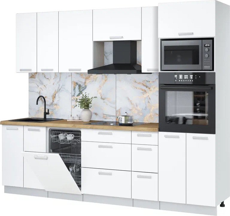 

Готовая кухня Интерлиния Мила Лайт 2.55-ПМ3 (белый платинум/белый платинум/дуб бунратти)