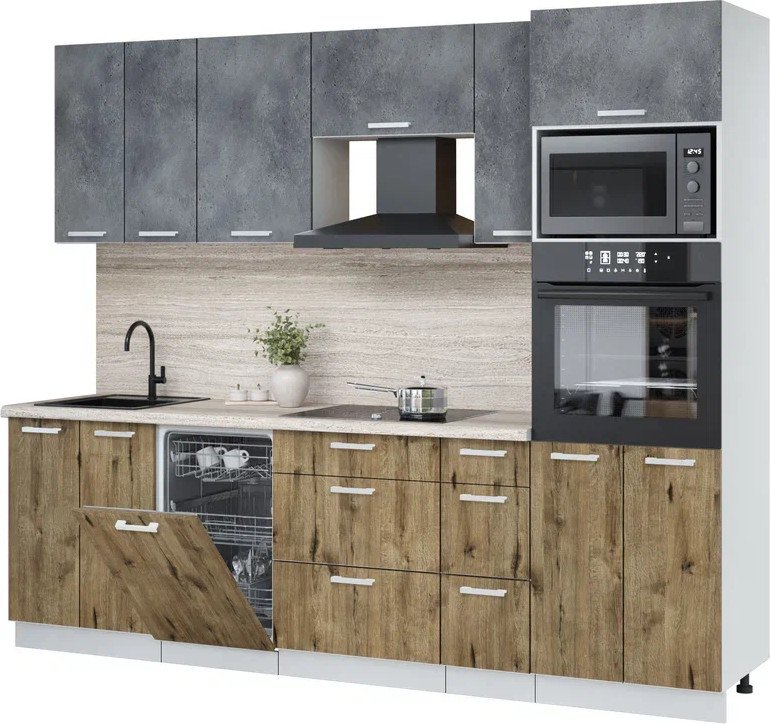 

Готовая кухня Интерлиния Мила Лайт 2.55-ПМ3 (бетон портленд/дуб веллингтон/травертин серый)