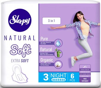 Прокладки гигиенические Sleepy Natural Soft Extra Soft 3 в 1 Night (6 шт)