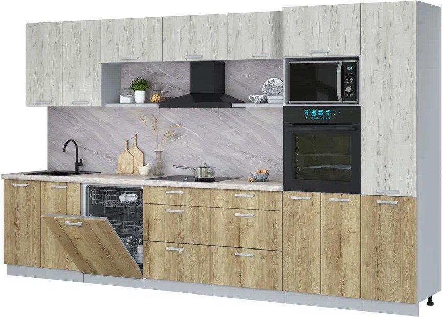 

Готовая кухня Интерлиния Мила Лайт 3.6-ПМ1 (дуб белый/дуб золотой/травертин серый)