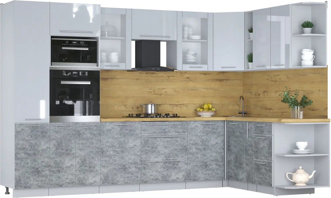 

Готовая кухня Интерлиния Мила Пластик 1.88x3.2 PR (туманный глянец/мрамор/дуб бунратти)