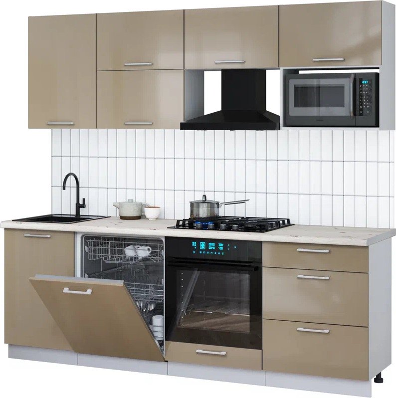 

Готовая кухня Интерлиния Мила Gloss 2.3-ПМ2 (капучино глянец/капучино глянец/бискайская сосна)