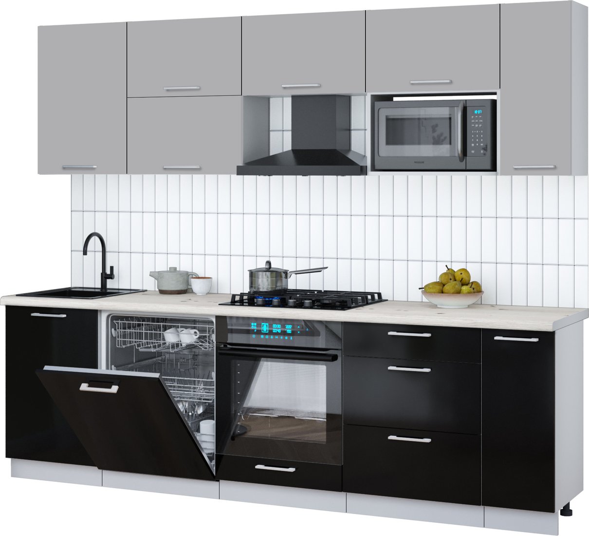 

Готовая кухня Интерлиния Мила Gloss 2.6-ПМ2 (черный глянец/грей/бискайская сосна)