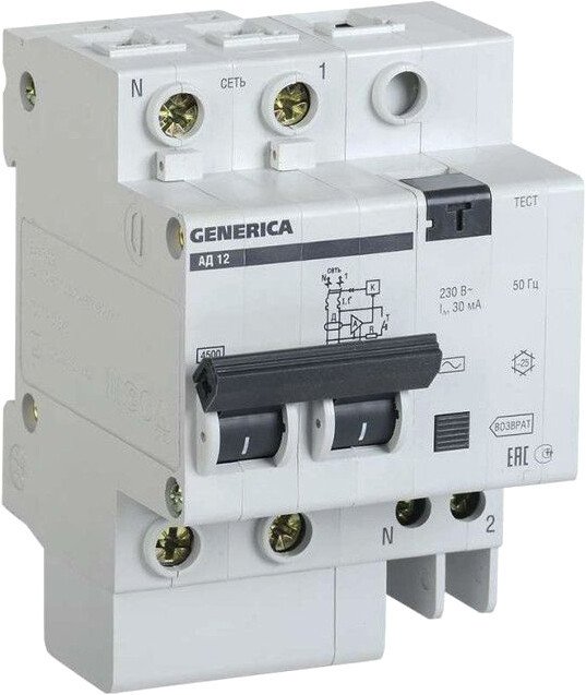 

Дифференциальный автомат Generica АД12 2Р 32А 30мА MAD15-2-032-C-030