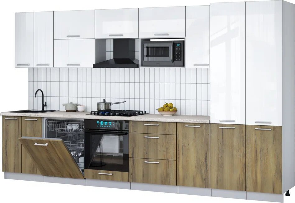 

Готовая кухня Интерлиния Мила Gloss 3.6-ПМ2 (дуб вотан/белый глянец/травертин серый)