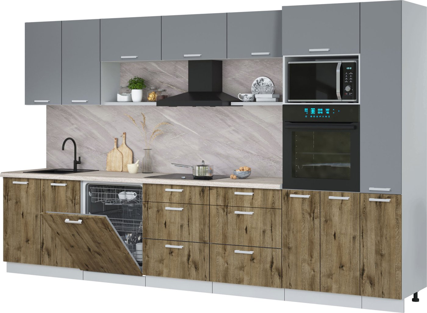 

Готовая кухня Интерлиния Мила Лайт 3.5-ПМ1 (серебро/дуб веллингтон/травертин серый)