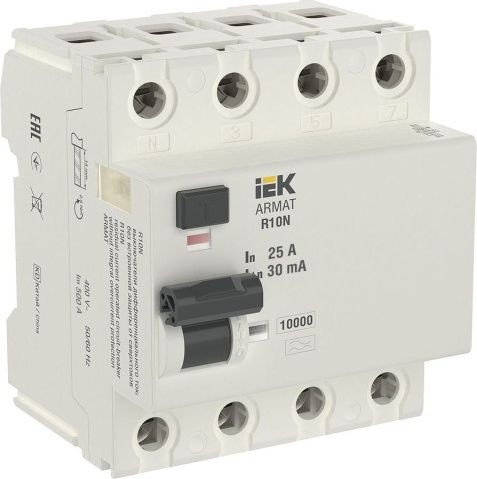 

Устройство защитного отключения IEK ARMAT R10N 4P 25А 30мА AR-R10N-4-025A030