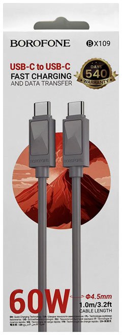 

Кабель Borofone BX109 USB Type-C - USB Type-C (1 м, серый)