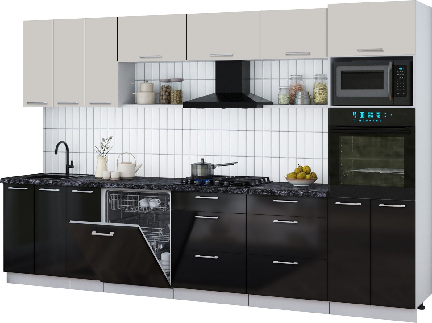 

Готовая кухня Интерлиния Мила Gloss 3.3-ПМ1-2 (черный глянец/кашемир/кастилло темный)