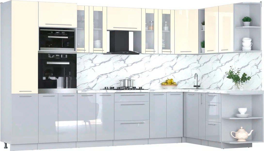 

Готовая кухня Интерлиния Мила Пластик 1.88x3.4 PR (ваниль/туманный глянец/белый гранит)