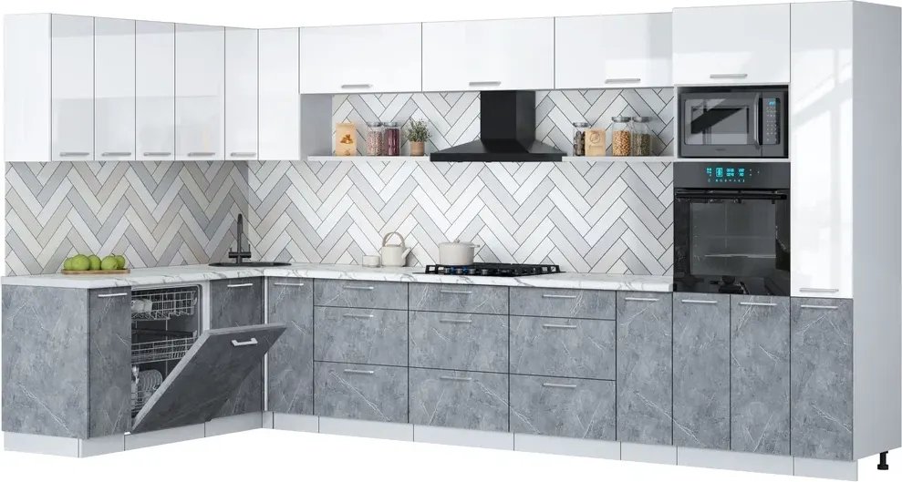 

Готовая кухня Интерлиния Мила Gloss 1.896х3.88 (керамика/белый глянец/белый гранит)