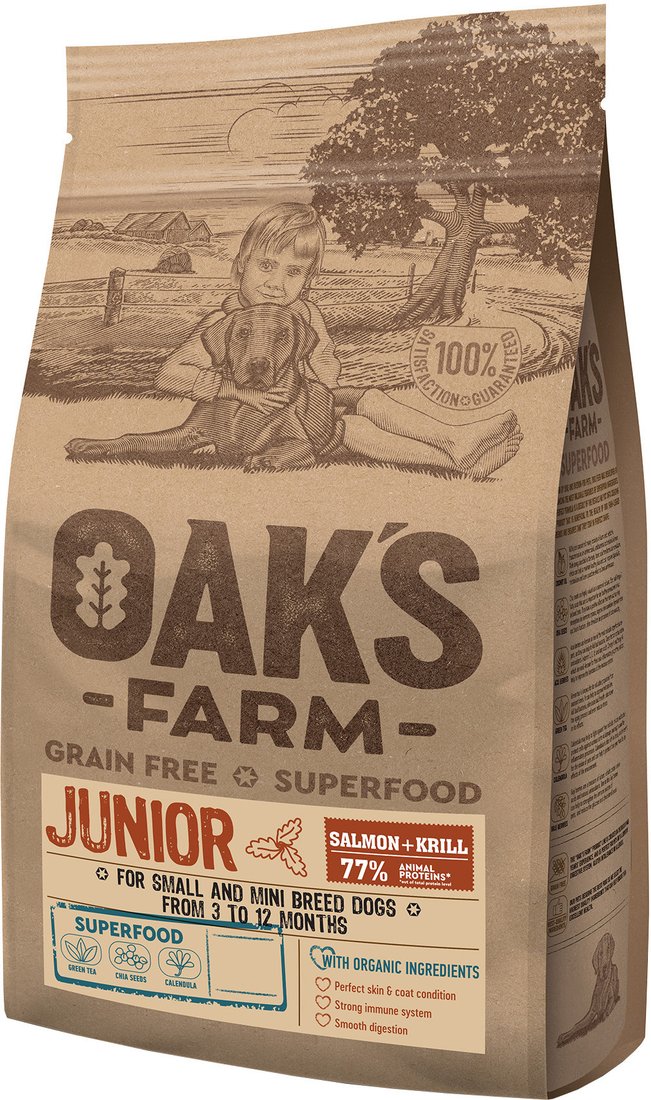 

Сухой корм для собак Oak's Farm Беззерновой для щенков малых и миниатюрных пород. Лосось и криль (6.5 кг)
