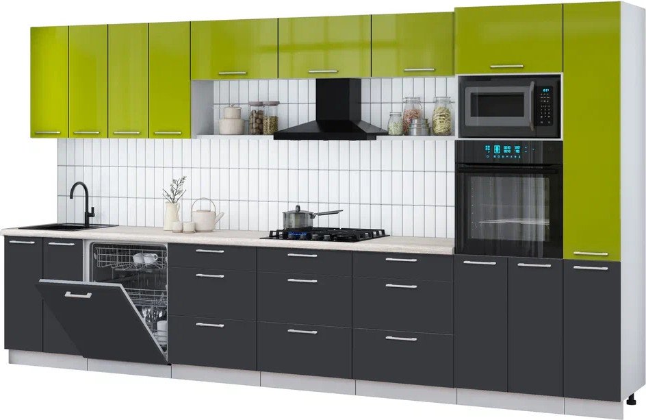 

Готовая кухня Интерлиния Мила Gloss 3.9-ПМ1 (пепел/яблоко глянец/травертин серый)