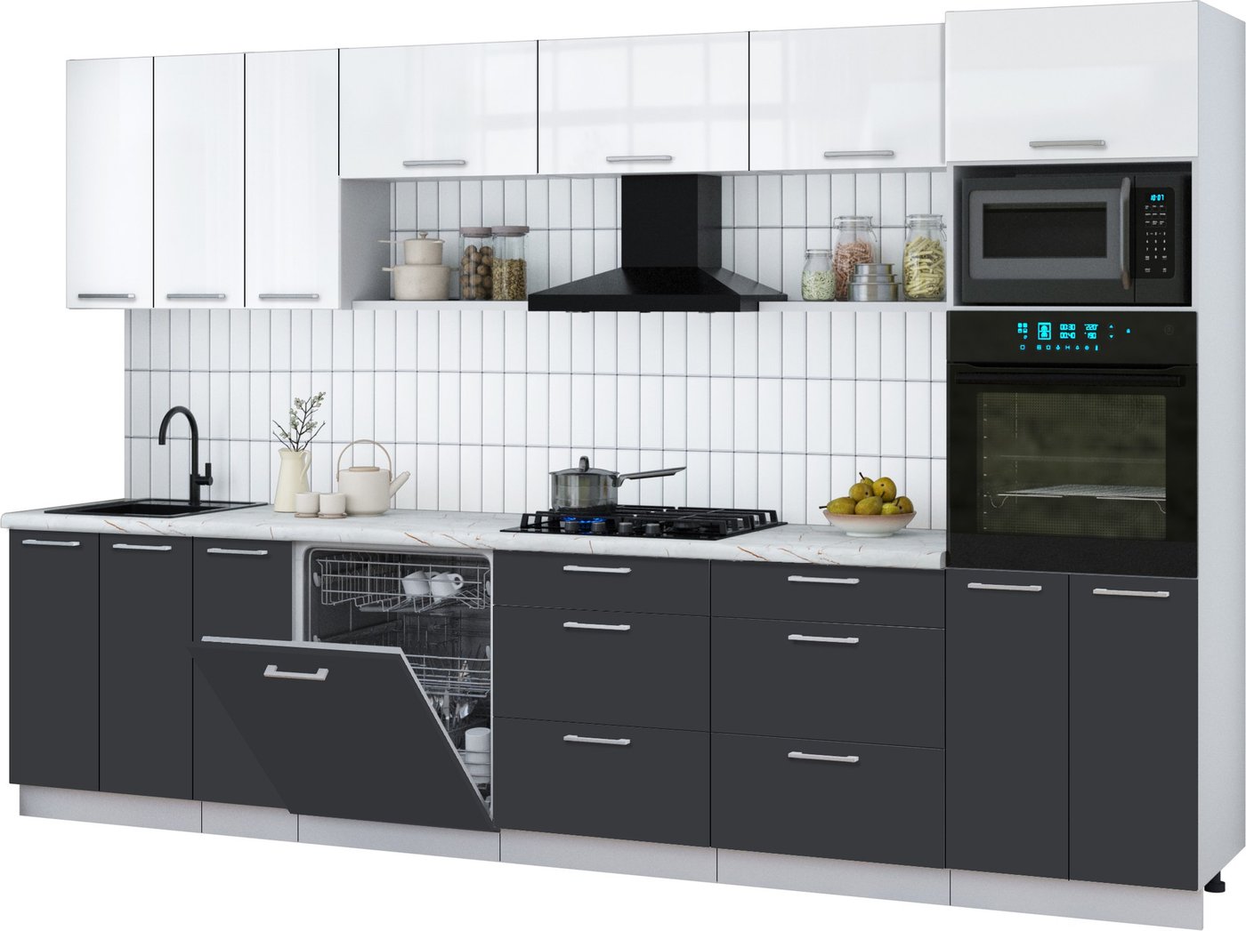 

Готовая кухня Интерлиния Мила Gloss 3.3-ПМ1-2 (пепел/белый глянец/серый каспий)