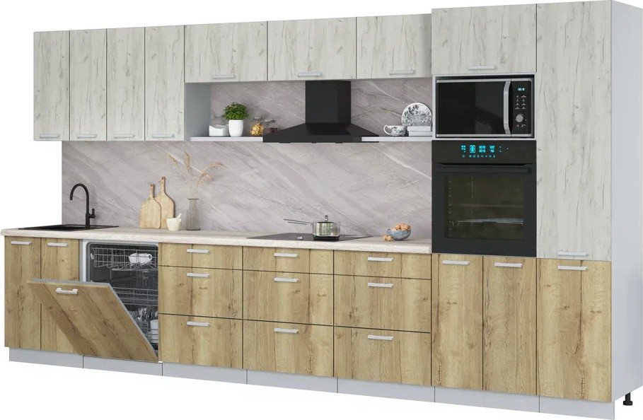 

Готовая кухня Интерлиния Мила Лайт 4.0-ПМ1 (дуб белый/дуб золотой/травертин серый)