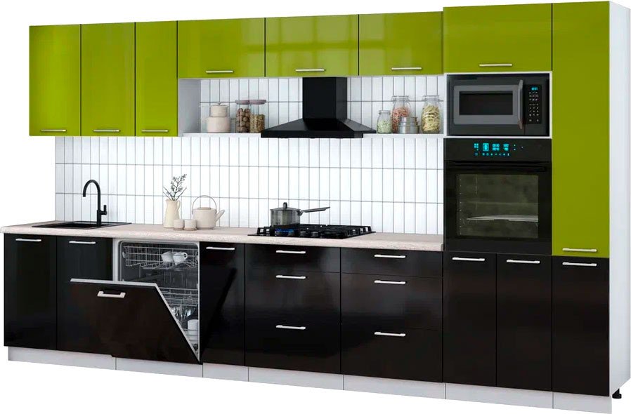 

Готовая кухня Интерлиния Мила Gloss 3.8-ПМ1 (черный глянец/яблоко глянец/травертин серый)