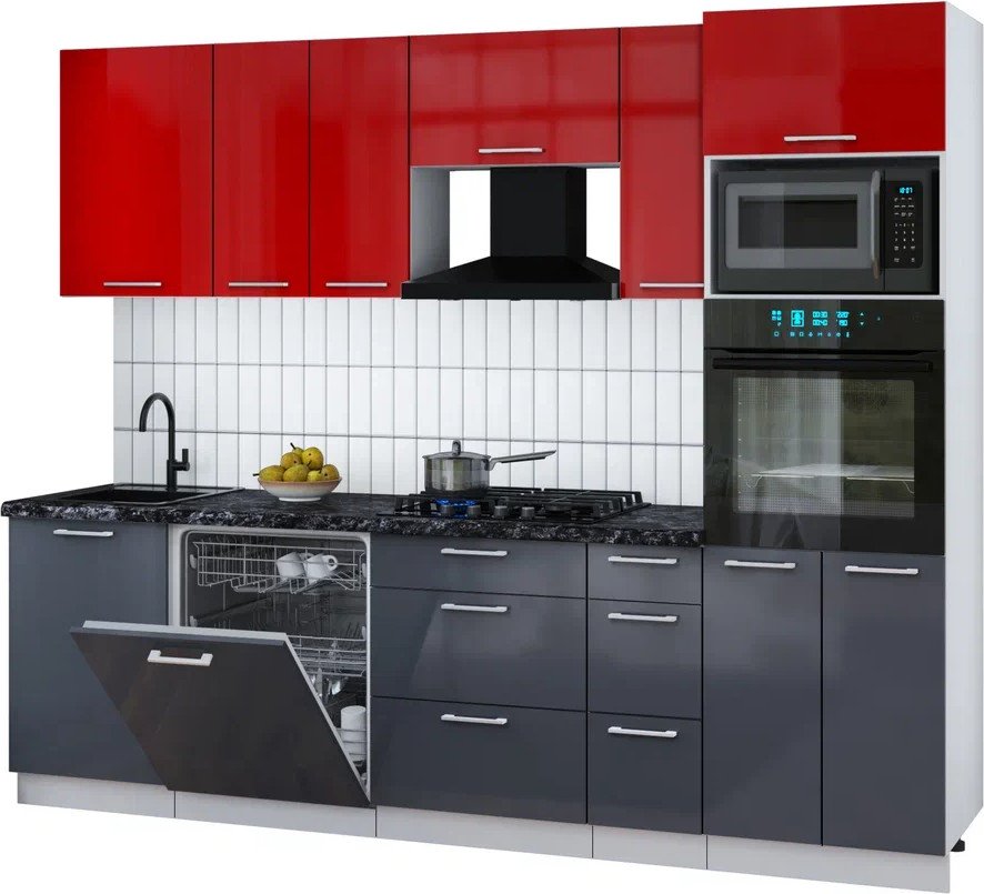 

Готовая кухня Интерлиния Мила Gloss 2.6-ПМ1 (асфальт глянец/красный глянец/кастилло темный)