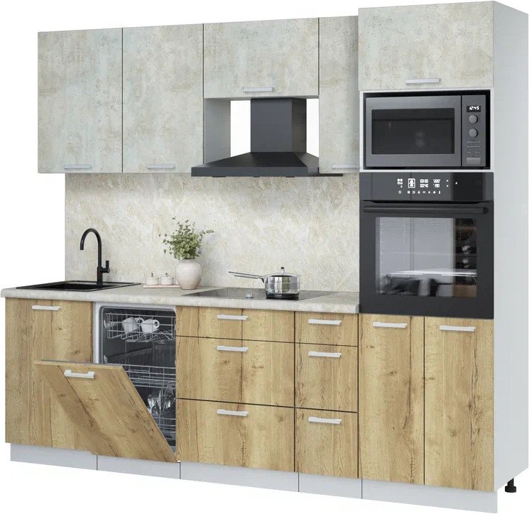 

Готовая кухня Интерлиния Мила Лайт 2.45-ПМ3 (бетон лайт/дуб золотой/опал светлый)