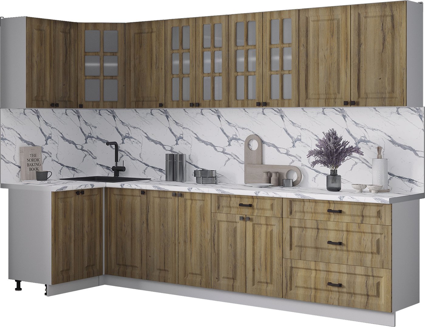 

Готовая кухня Интерлиния Мила Деко 1.2x3.0 (дуб вотан/дуб вотан/белый гранит)