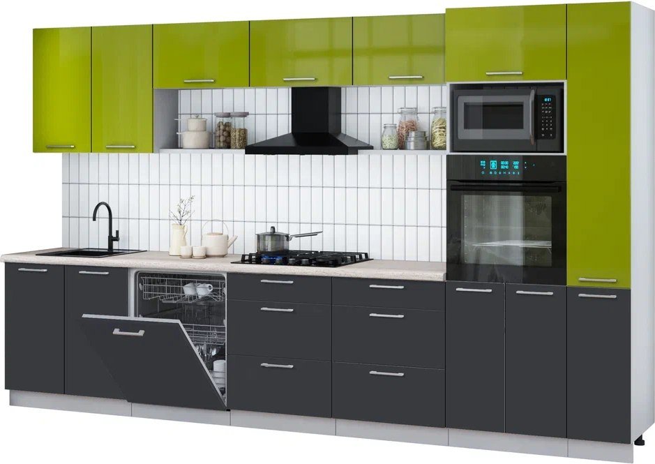 

Готовая кухня Интерлиния Мила Gloss 3.5-ПМ1 (пепел/яблоко глянец/травертин серый)